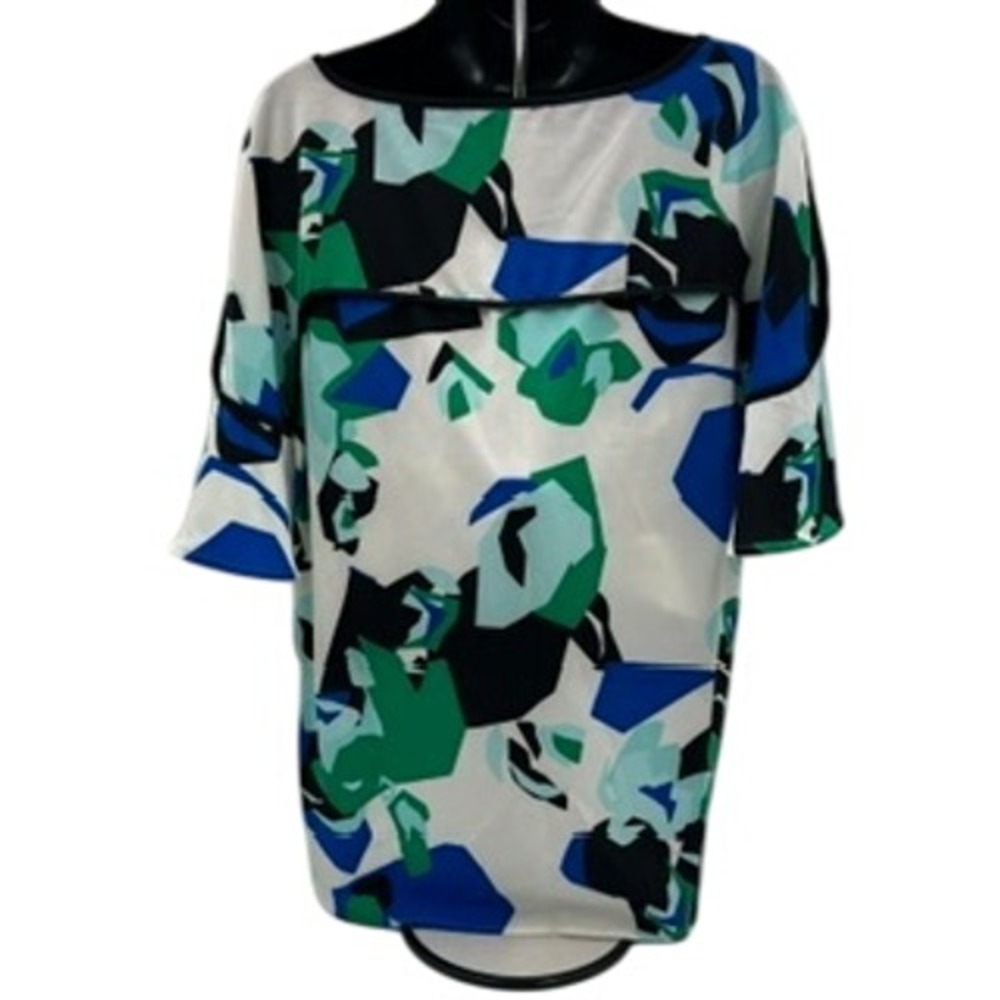 Calvin Klein Womens Blue Green Abstract Geometric Cold Shoulder Blouse Small - Picture 4 of 9